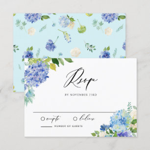 Waterverf Blue Hydrangea boeket bruiloft RSVP Kaartje