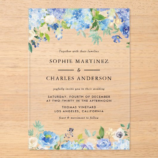 Waterverf Blue Hydrangea Botanische bruiloft Acryl Uitnodigingen (Voorkant)