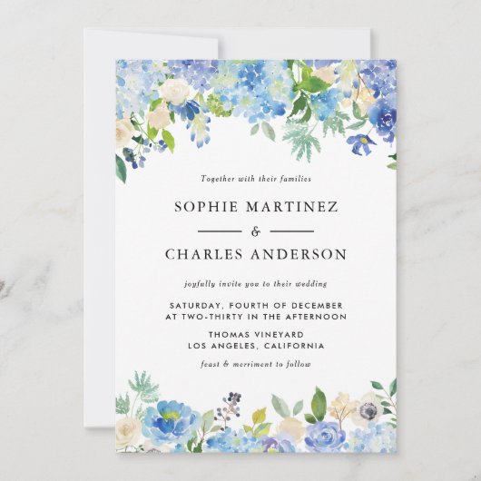 Waterverf Blue Hydrangea Botanische bruiloft Kaart (Voorkant)