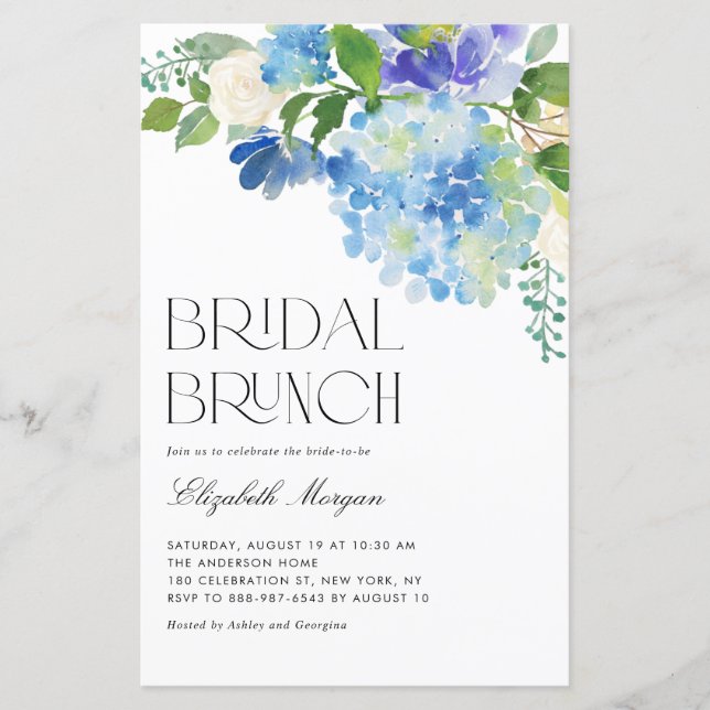 Waterverf Blue Hydrangea Bridal Brunch Uitnodiging (Voorkant)