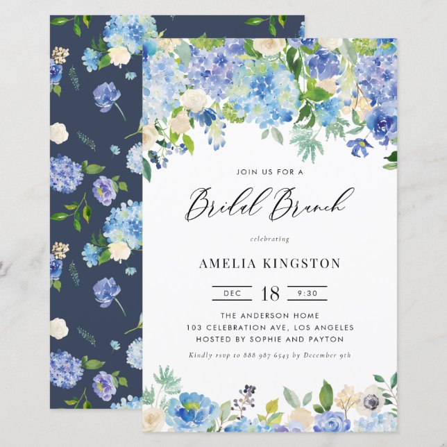 Waterverf Blue Hydrangea Bridal Brunch Uitnodiging (Voorkant / Achterkant)