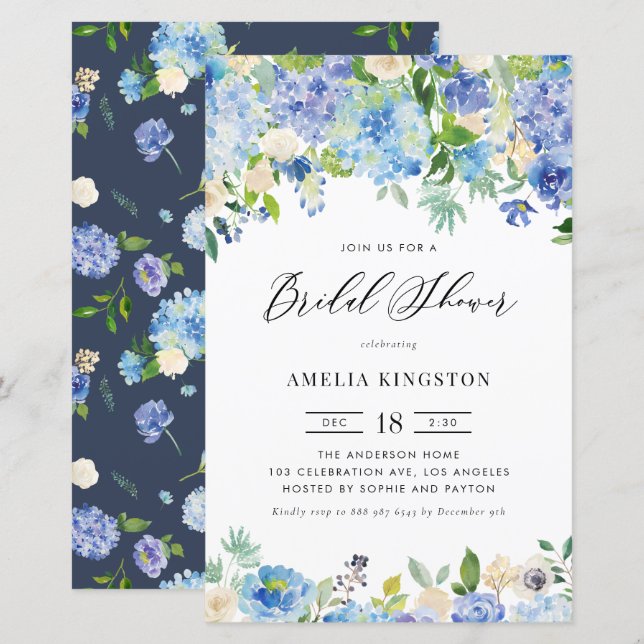 Waterverf Blue Hydrangea Bridal Shower (Voorkant / Achterkant)