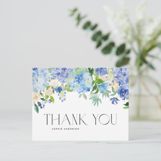 Waterverf Blue Hydrangea en Ivory Roos Hartelijk d Briefkaart (Staand voorkant)