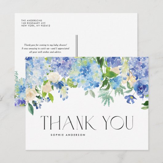 Waterverf Blue Hydrangea en Ivory Roos Hartelijk d Briefkaart (Voorkant / Achterkant)