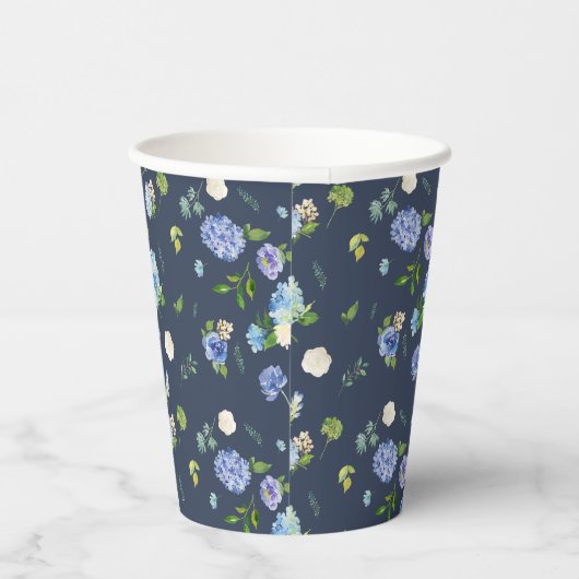 Waterverf Blue Hydrangea en Roos Bloemenpatroon Papieren Bekers (Rechts)