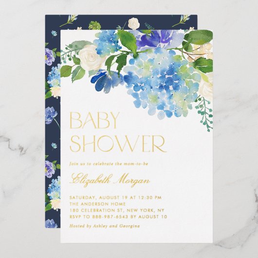 Waterverf Blue Hydrangea Floral Baby shower Folie Uitnodiging (Voorkant / Achterkant)