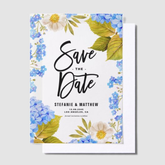 Waterverf Blue Hydrangea Floral Bewaar de datum Vellum Uitnodigingen (Offset)