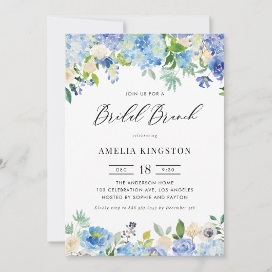 Waterverf Blue Hydrangea Floral Bridal Brunch Kaart (Voorkant)