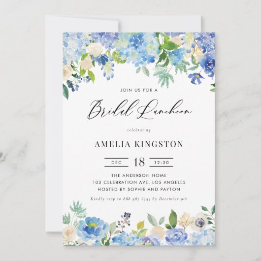 Waterverf Blue Hydrangea Floral Bridal Luncheon Kaart (Voorkant)