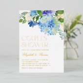 Waterverf Blue Hydrangea Floral Couples Shower Folie Uitnodiging (Staand Voorkant)