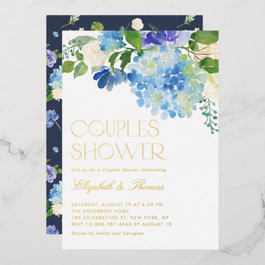 Waterverf Blue Hydrangea Floral Couples Shower Folie Uitnodiging (Voorkant / Achterkant)
