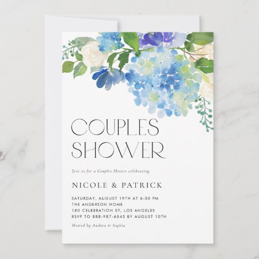 Waterverf Blue Hydrangea Floral Couples Shower Kaart (Voorkant)