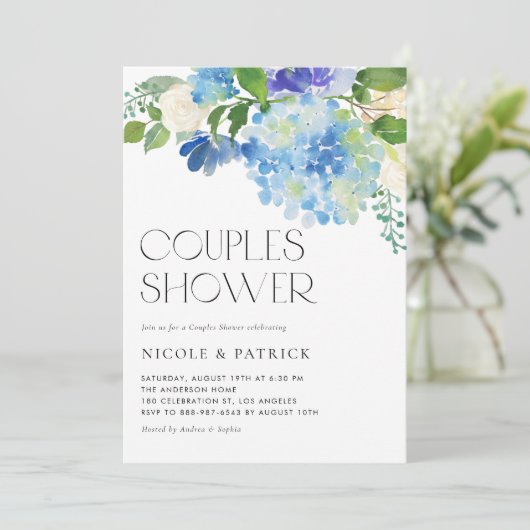 Waterverf Blue Hydrangea Floral Couples Shower Kaart (Staand voorkant)
