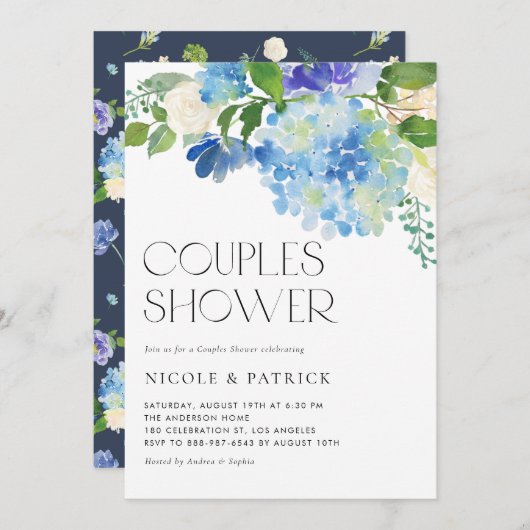 Waterverf Blue Hydrangea Floral Couples Shower Kaart (Voorkant / Achterkant)