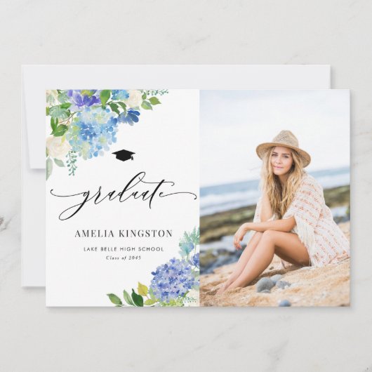Waterverf Blue Hydrangea Floral Foto Afstuderen Aankondiging (Voorkant)