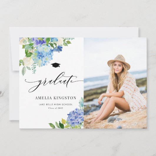 Waterverf Blue Hydrangea Floral Foto Afstuderen Kaart (Voorkant)