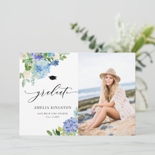 Waterverf Blue Hydrangea Floral Foto Afstuderen Kaart (Staand voorkant)
