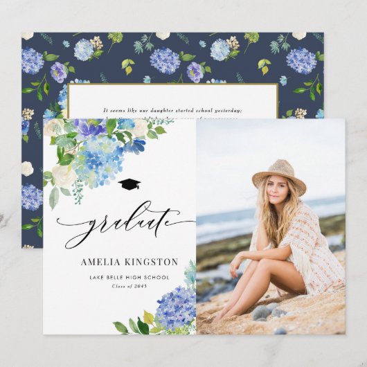 Waterverf Blue Hydrangea Floral Foto Afstuderen Kaart (Voorkant / Achterkant)