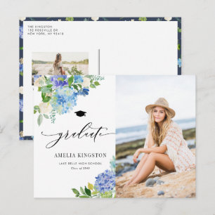 Waterverf Blue Hydrangea Floral Foto Afstuderen Uitnodiging Briefkaart