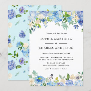 Waterverf Blue Hydrangea Floral Garland Wedding Kaart