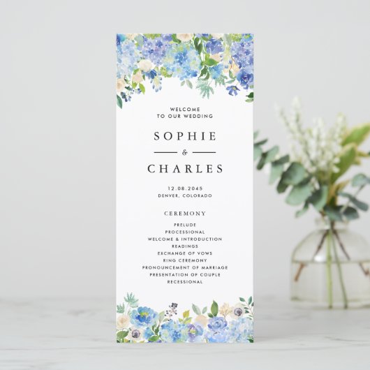 Waterverf Blue Hydrangea Floral Garland Wedding Programmakaart (Staand voorkant)