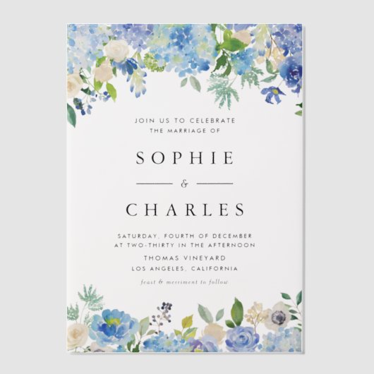 Waterverf Blue Hydrangea Floral Garland Wedding Vellum Uitnodigingen (Voorkant)