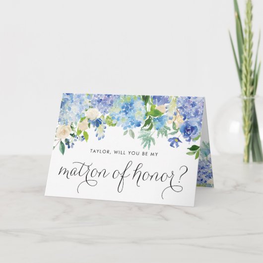 Waterverf Blue Hydrangea Floral Matron of Honor Kaart (Voorkant)