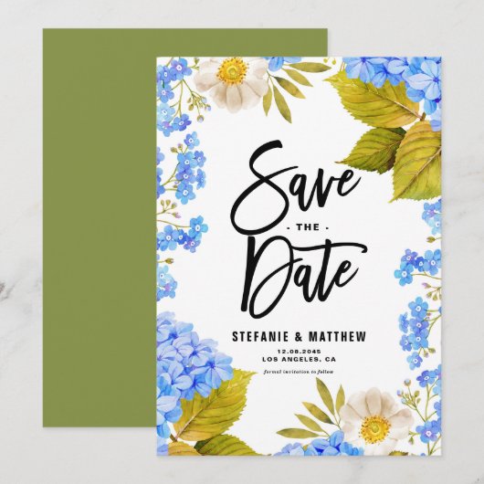 Waterverf Blue Hydrangea Floral Save The Date (Voorkant / Achterkant)