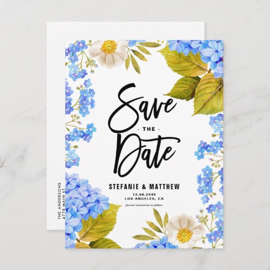 Waterverf Blue Hydrangea Floral Save the Date Aankondigingskaart (Voorkant / Achterkant)