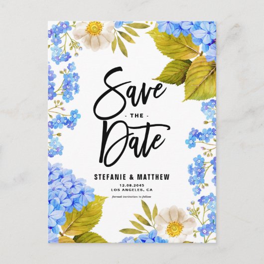 Waterverf Blue Hydrangea Floral Save the Date Aankondigingskaart (Voorkant)