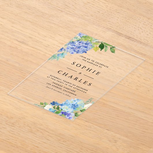 Waterverf Blue Hydrangea Flowers Boeket Wedding Acryl Uitnodigingen (Laagn)