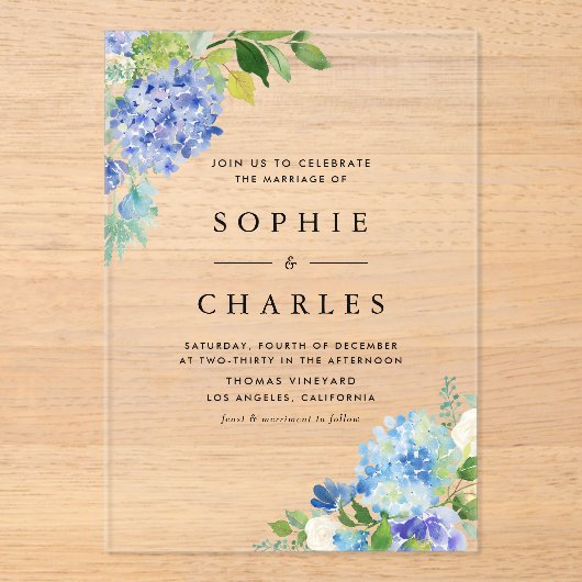 Waterverf Blue Hydrangea Flowers Boeket Wedding Acryl Uitnodigingen (Voorkant)