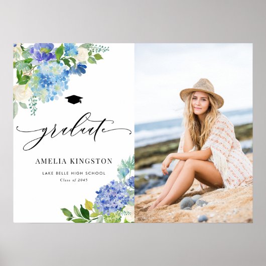 Waterverf Blue Hydrangea Flowers Foto Afstuderen Poster (Voorkant)
