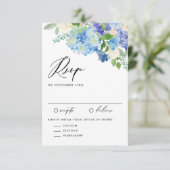 Waterverf Blue Hydrangea Flowers Wedding RSVP Kaartje (Staand voorkant)