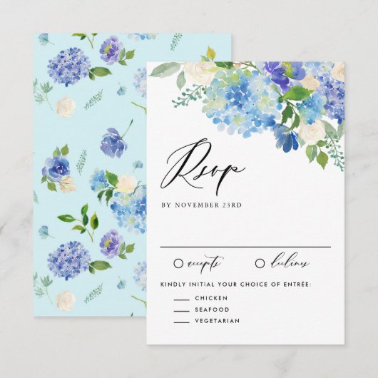Waterverf Blue Hydrangea Flowers Wedding RSVP Kaartje (Voorkant / Achterkant)