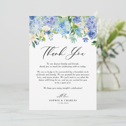 Waterverf Blue Hydrangea Garland Bloemenbruiloft Bedankkaart (Staand voorkant)