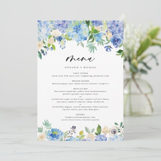 Waterverf Blue Hydrangea Garland Wedding Menu (Staand voorkant)