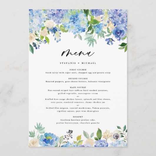 Waterverf Blue Hydrangea Garland Wedding Menu (Voorkant)