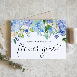 Waterverf Blue Hydrangea Ivory Roos Bloemenmeisje Uitnodiging Briefkaart