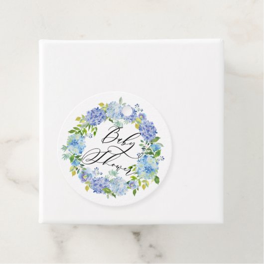 Waterverf Blue Hydrangea Krans Baby shower Bedankjes Labels (In situ)
