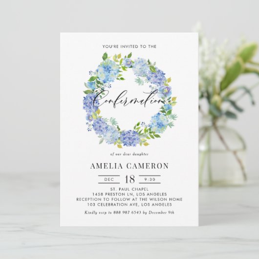 Waterverf Blue Hydrangea Krans bevestiging Kaart (Staand voorkant)