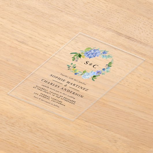 Waterverf Blue Hydrangea krans bruiloft Acryl Uitnodigingen (Laagn)