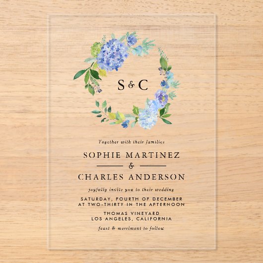 Waterverf Blue Hydrangea krans bruiloft Acryl Uitnodigingen (Voorkant)