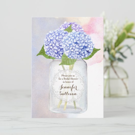Waterverf Blue Hydrangea Mason Jar Vrijgezellenfee Kaart (Staand voorkant)