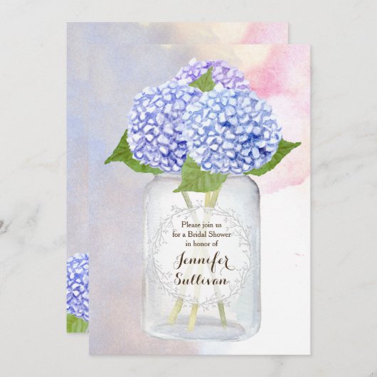 Waterverf Blue Hydrangea Mason Jar Vrijgezellenfee Kaart (Voorkant / Achterkant)