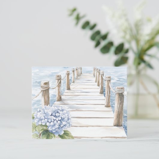 Waterverf Blue Hydrangea Seaside Dock Coastal Feestdagenkaart (Staand voorkant)