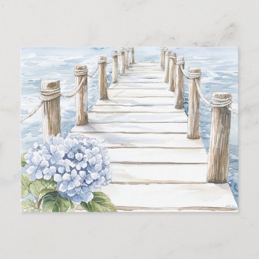 Waterverf Blue Hydrangea Seaside Dock Coastal Feestdagenkaart (Voorkant)