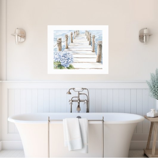 Waterverf Blue Hydrangea Seaside Dock Coastal Poster