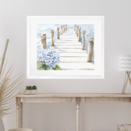Waterverf Blue Hydrangea Seaside Dock Coastal Poster