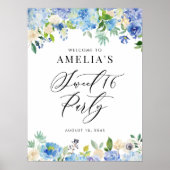 Waterverf Blue Hydrangea Sweet 16 Party Welkom Poster (Voorkant)